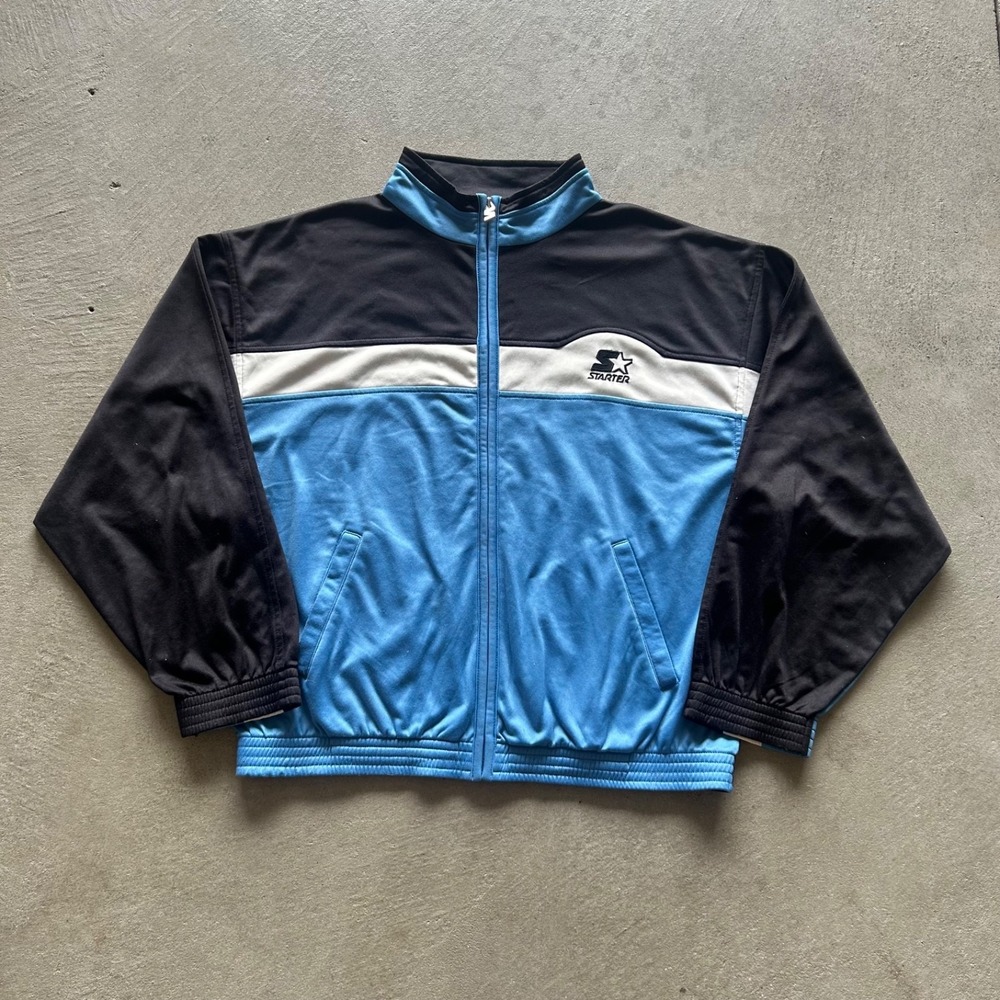 Vintage 90s Starter Jacket Size Large‎ Black Blue Full Zip Embroidered Logo